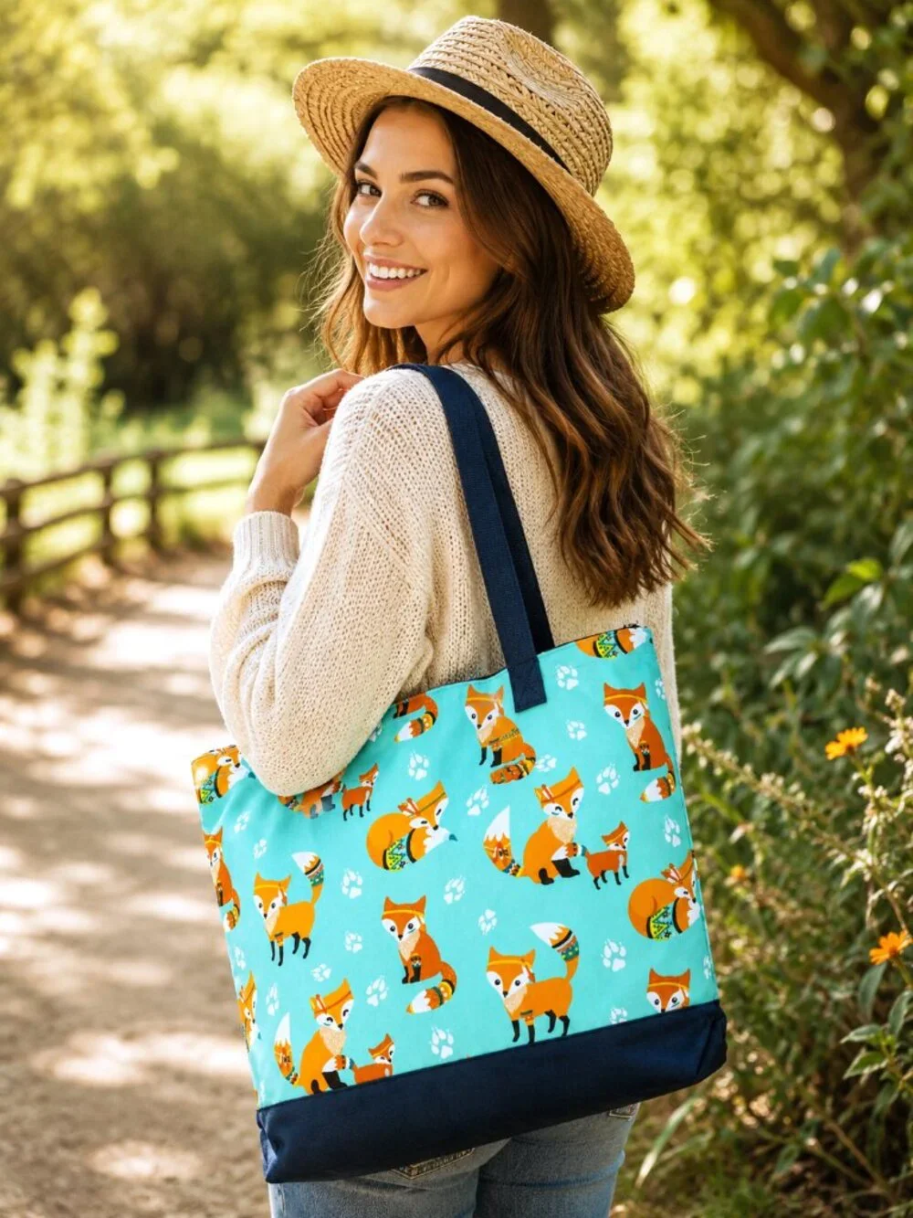 Whimsical Fox Print Tote Bag Aqua Orange Woodland Animal Navy Handles NWT
